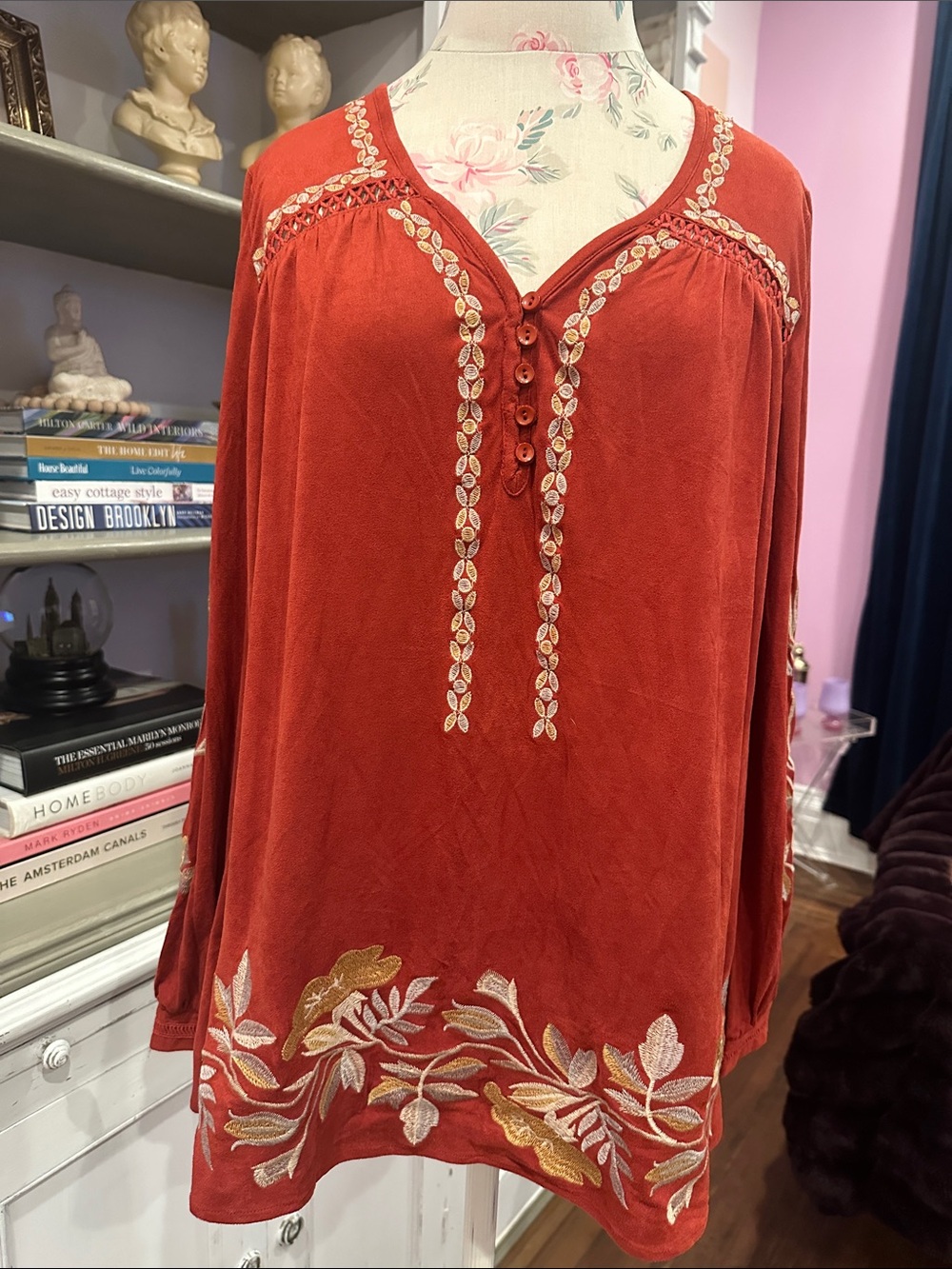 Monoreno Rust Embroidered Long-Sleeve Tunic